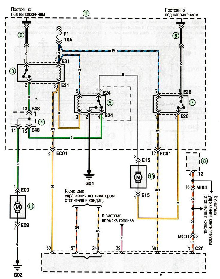 Электросхема Hyundai Accent - Схема 7. Соединения системы управления электровентиляторами радиатора системы охлаждения и конденсора системы кондиционирования