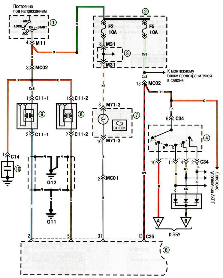 Электросхема Hyundai Accent - Схема 8. Соединения системы впрыска топлива (начало)