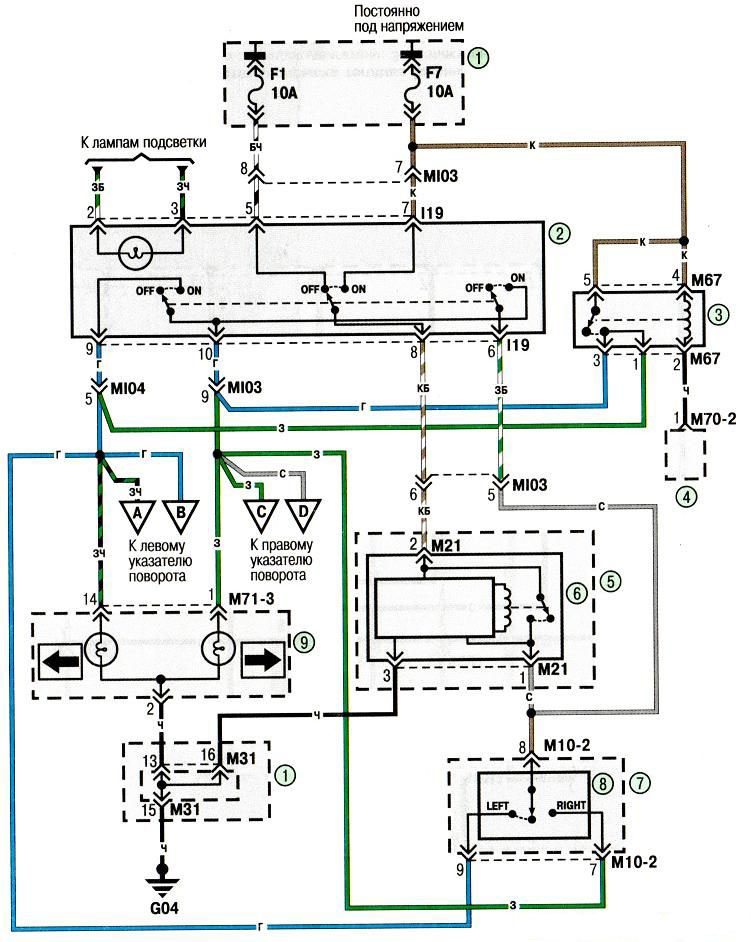 Электросхема Hyundai Accent - Схема 16. Соединения указателей поворота и аварийной сигнализации (начало)