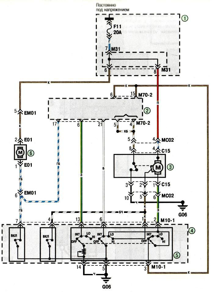 Схема 2. Соединения очистителя и омывателя ветрового стекла (автомобили с системой ETACS)